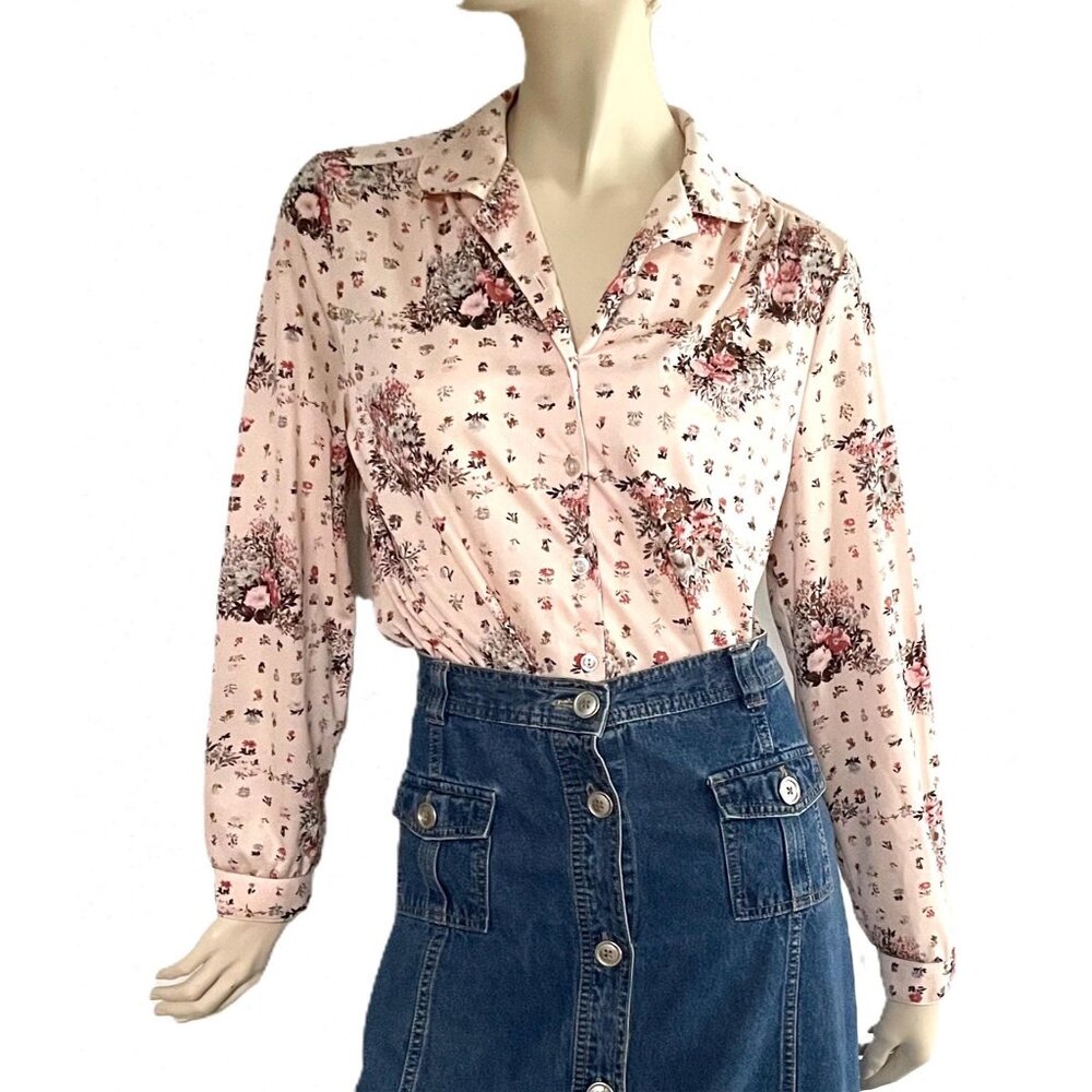 1970s Floral Blouse, Size L, Peach Polyester Shirt, Vintage Blouse